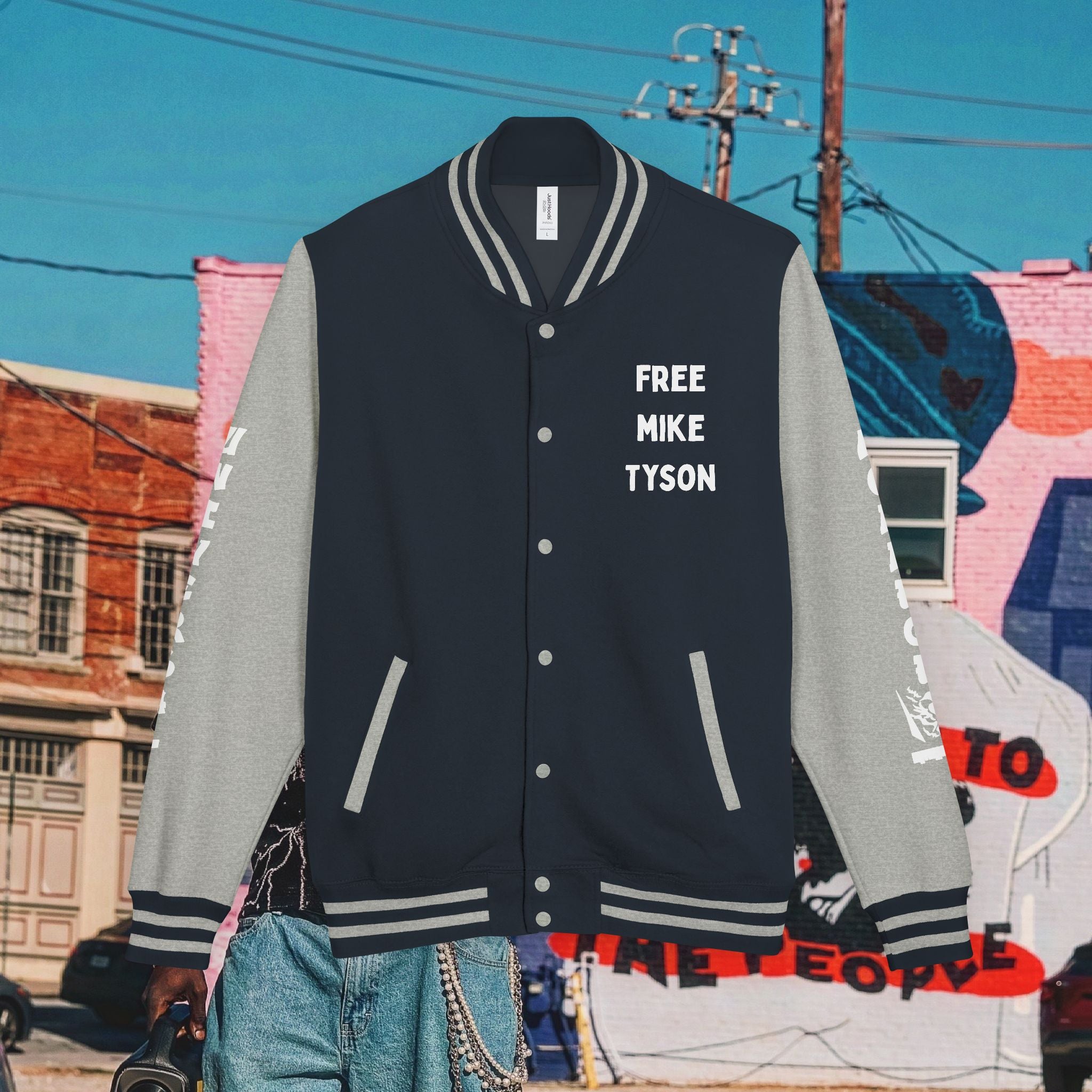 FREE MIKE TYSON” Unisex Heavyweight Letterman Jacket (white Universal Kollege font)