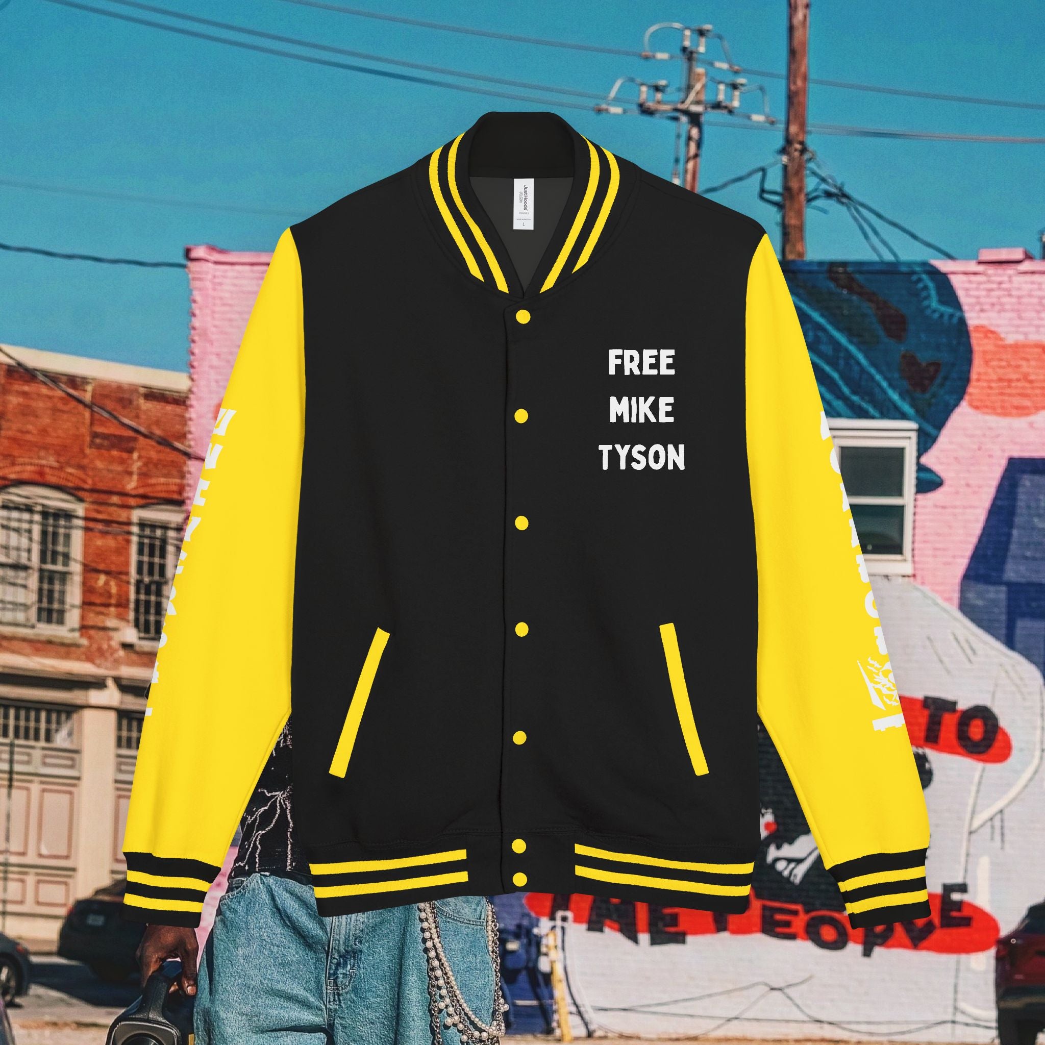 FREE MIKE TYSON” Unisex Heavyweight Letterman Jacket (white Universal Kollege font)