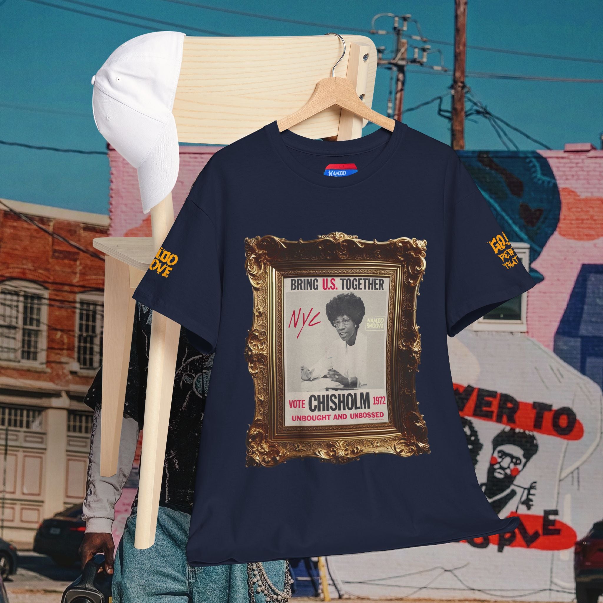 Shirley Chisholm Unisex Heavy Cotton Tee Dark Colors, White/Gold Text