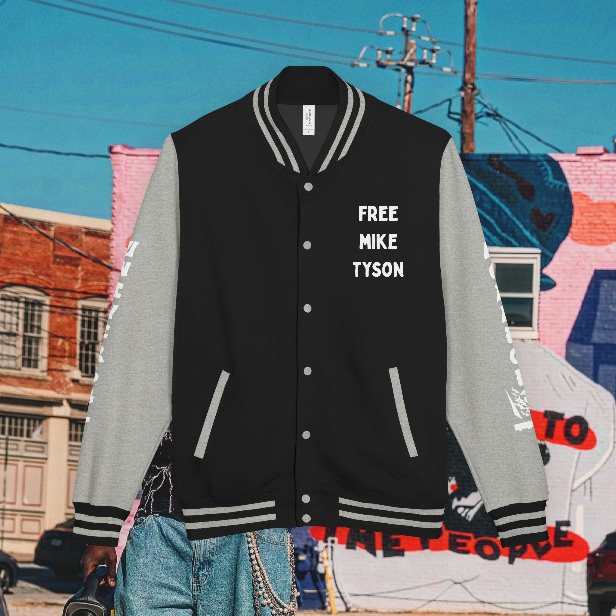 FREE MIKE TYSON” Unisex Heavyweight Letterman Jacket (white Universal Kollege font)