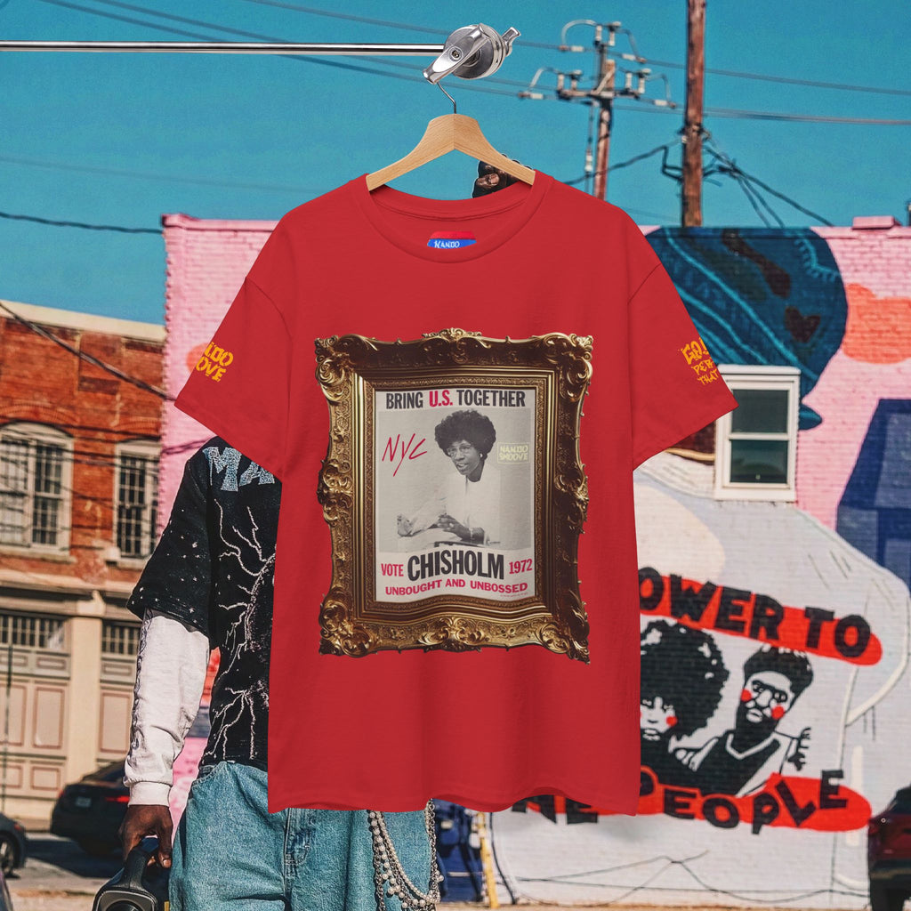 Shirley Chisholm Unisex Heavy Cotton Tee Dark Colors, White/Gold Text