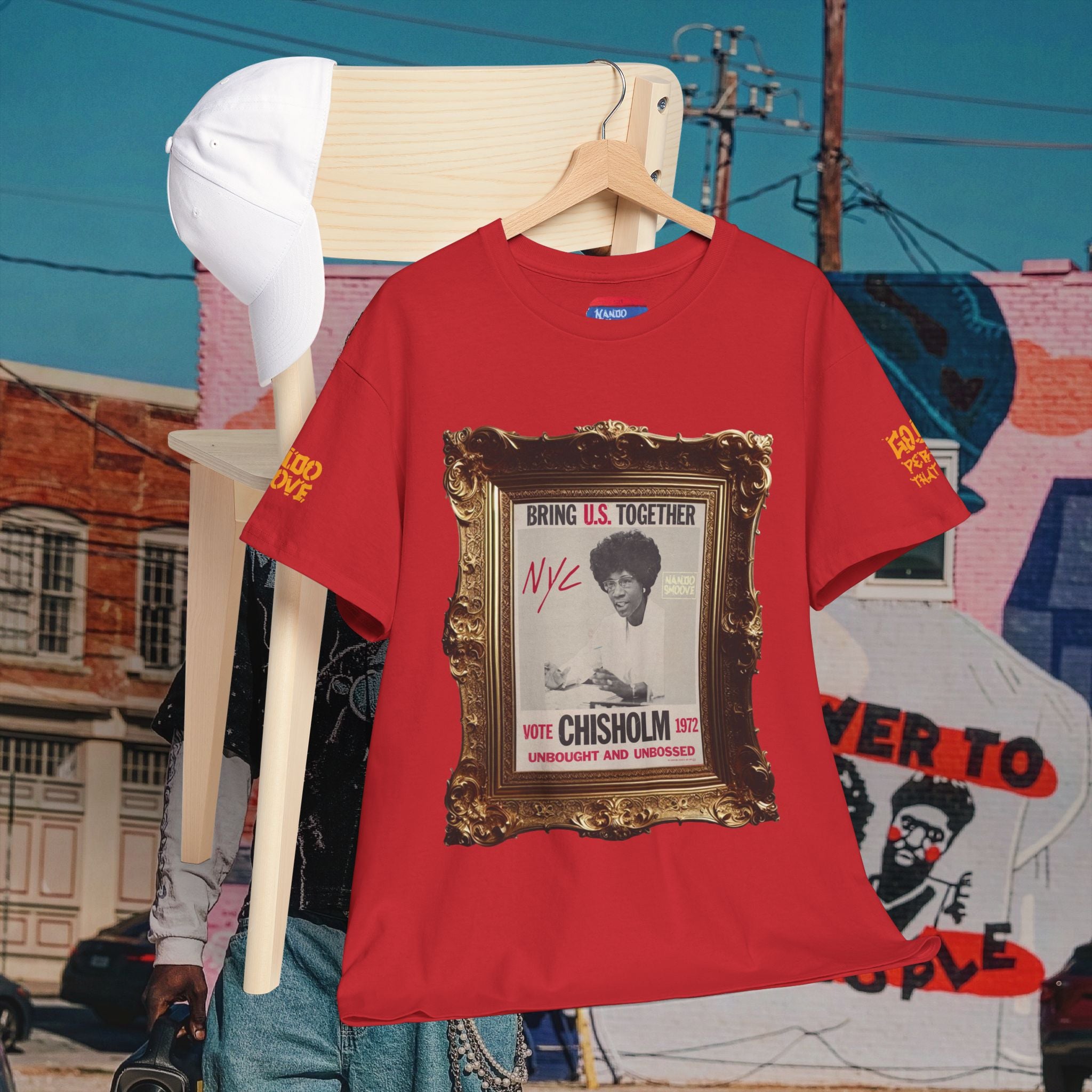 Shirley Chisholm Unisex Heavy Cotton Tee Bright Colors, Black/Gold Text