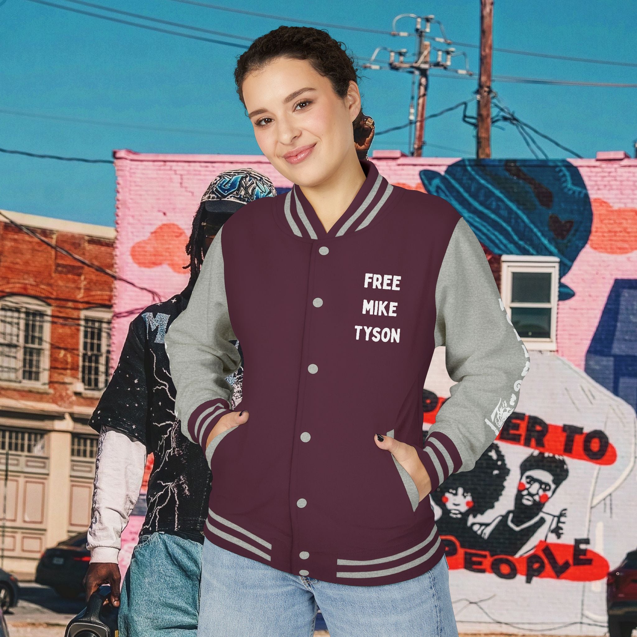 FREE MIKE TYSON” Unisex Heavyweight Letterman Jacket (white Universal Kollege font)