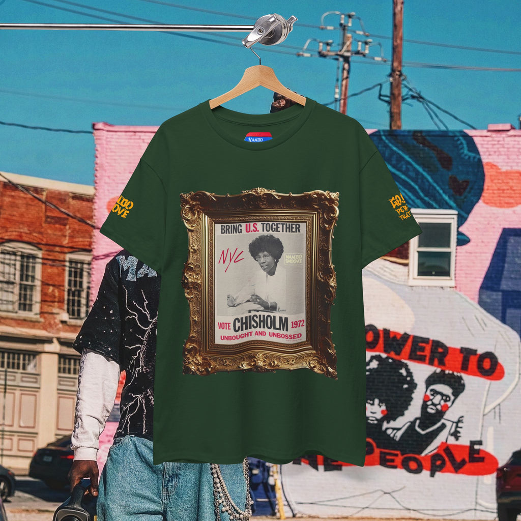 Shirley Chisholm Unisex Heavy Cotton Tee Dark Colors, White/Gold Text