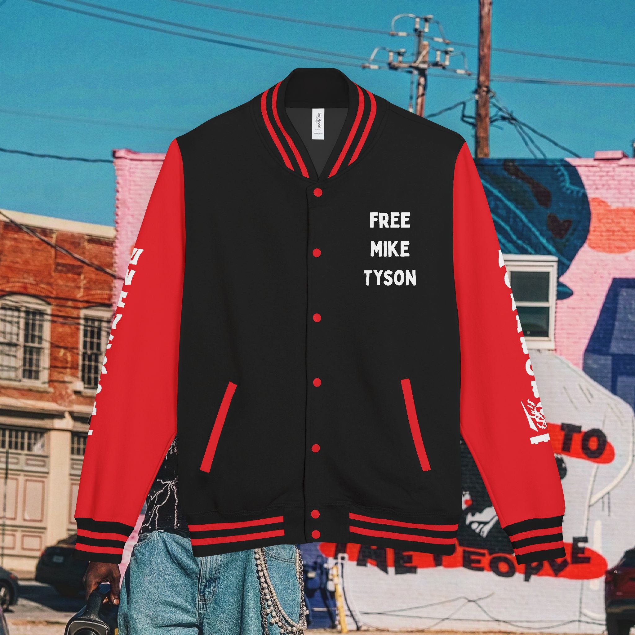 FREE MIKE TYSON” Unisex Heavyweight Letterman Jacket (white Universal Kollege font)